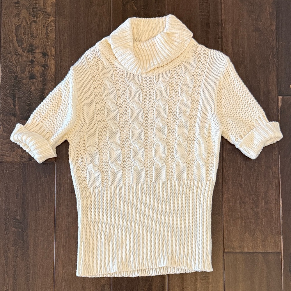 Planet Gold Cream Cable-Knit Short-Sleeve Turtleneck Sweater